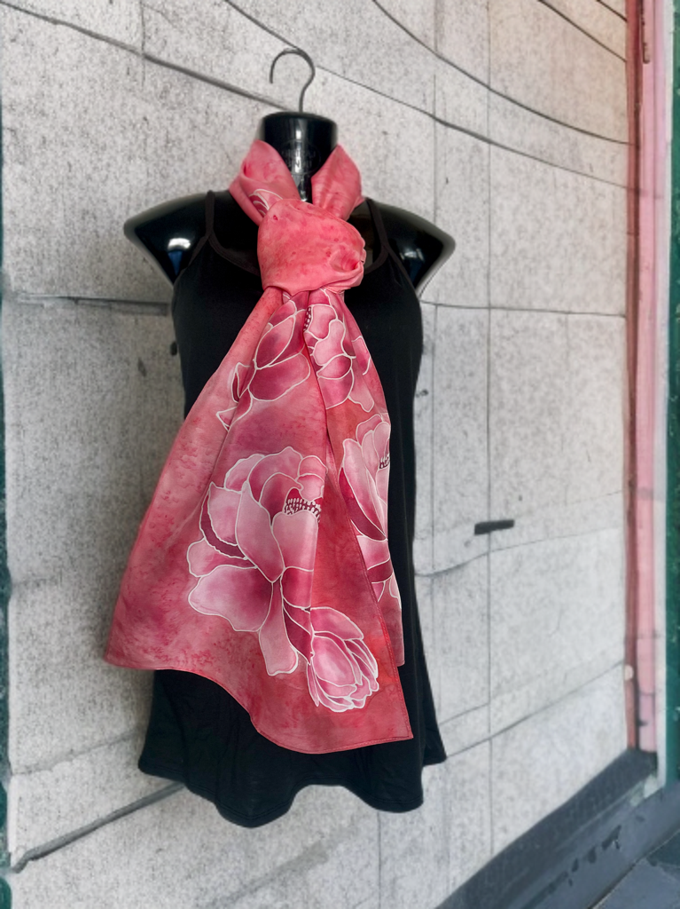 SCARLET PEONY BLOOM SILK SCARF