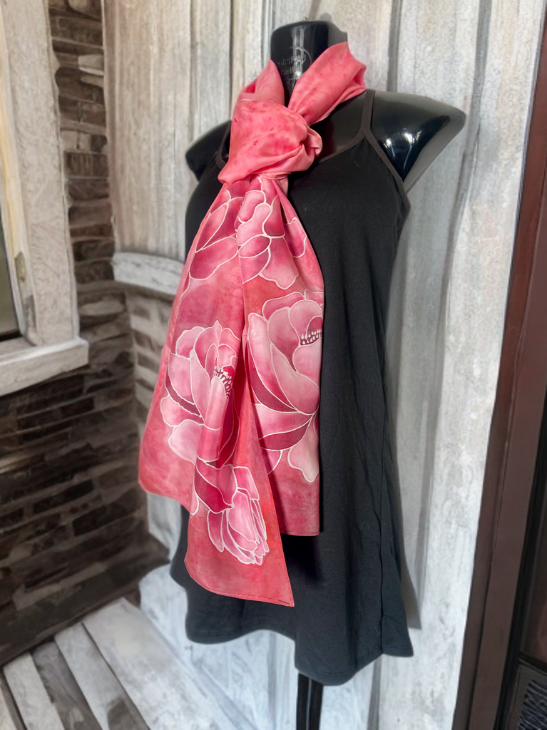 SCARLET PEONY BLOOM SILK SCARF