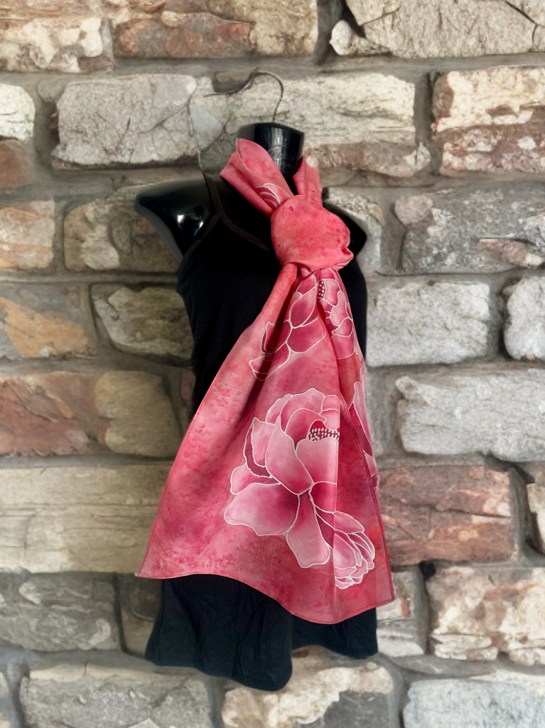 SCARLET PEONY BLOOM SILK SCARF