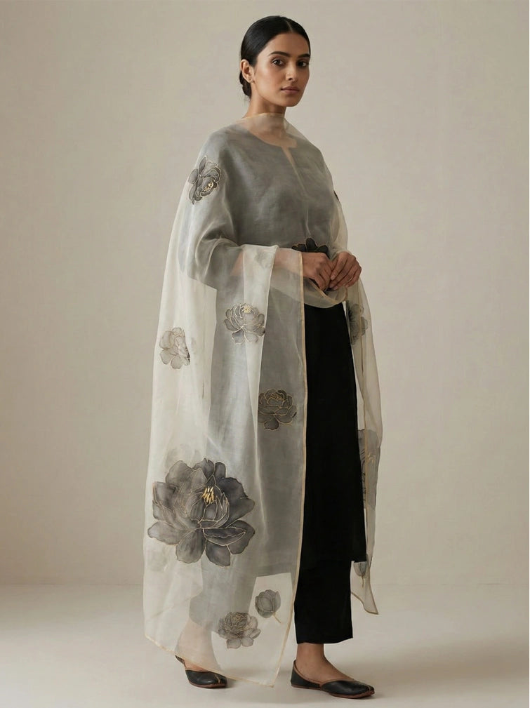 Moonlit Peony – Handpainted Silk Organza Dupatta