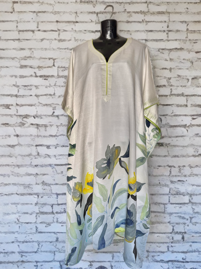 Ivory Botanica – Handpainted Linen Silk Kaftan