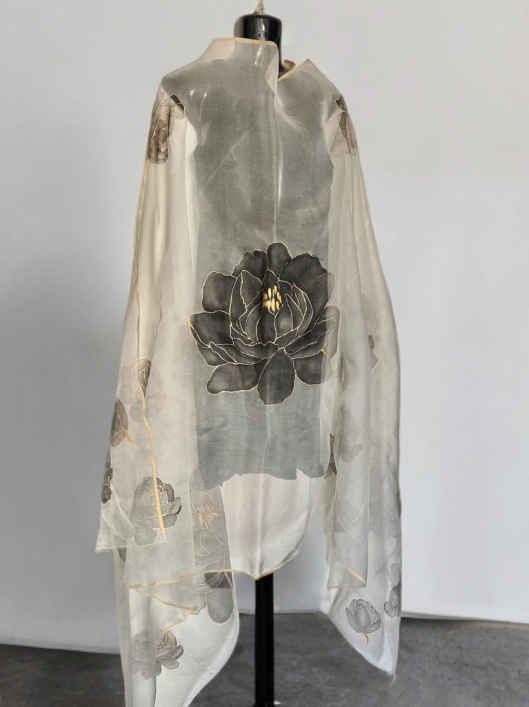 Moonlit Peony – Handpainted Silk Organza Dupatta