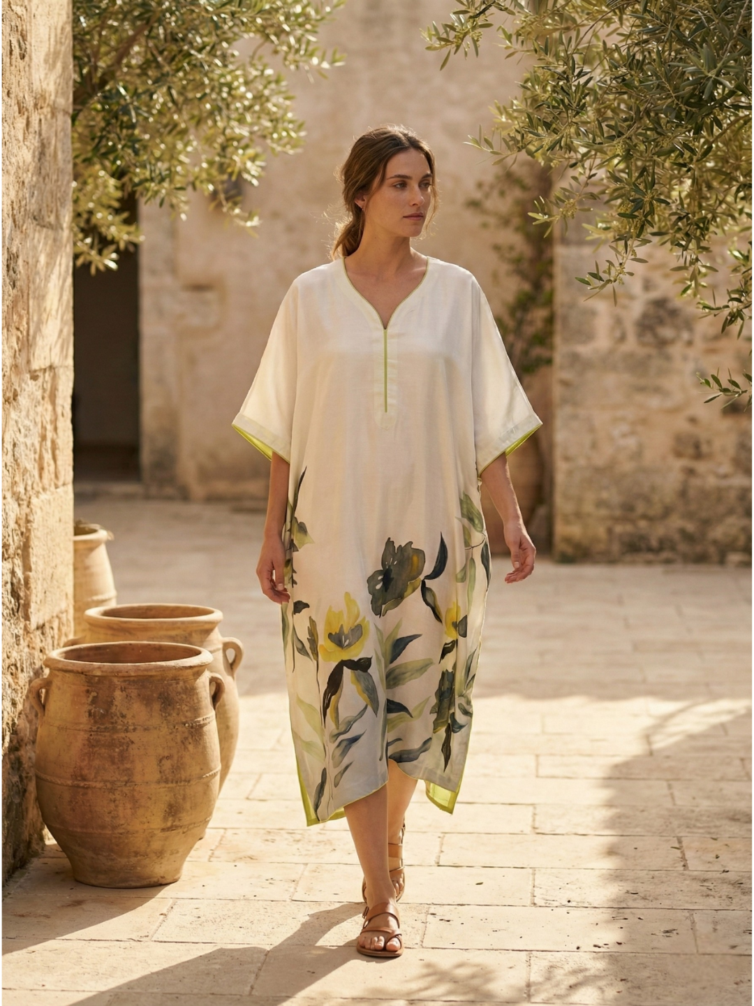 Ivory Botanica – Handpainted Linen Silk Kaftan