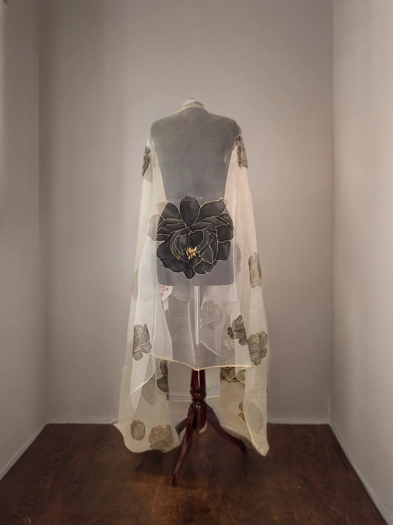 Moonlit Peony – Handpainted Silk Organza Dupatta