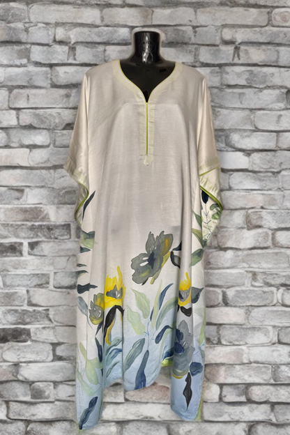 Ivory Botanica – Handpainted Linen Silk Kaftan