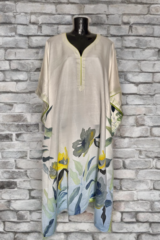 Ivory Botanica – Handpainted Linen Silk Kaftan