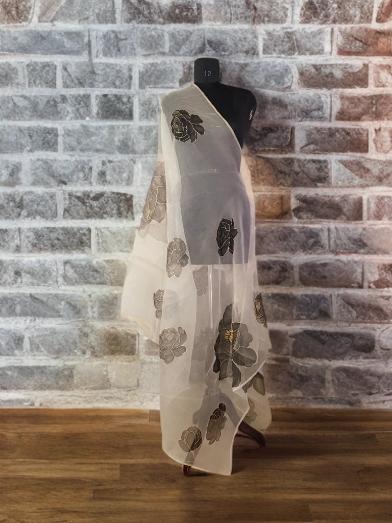 Moonlit Peony – Handpainted Silk Organza Dupatta