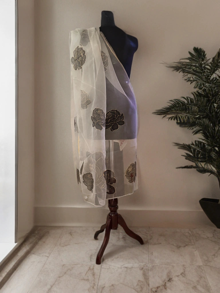 Moonlit Peony – Handpainted Silk Organza Dupatta