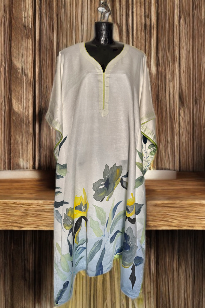 Ivory Botanica – Handpainted Linen Silk Kaftan