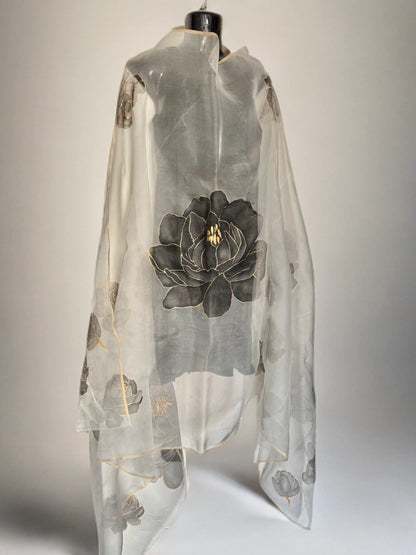 Moonlit Peony – Handpainted Silk Organza Dupatta