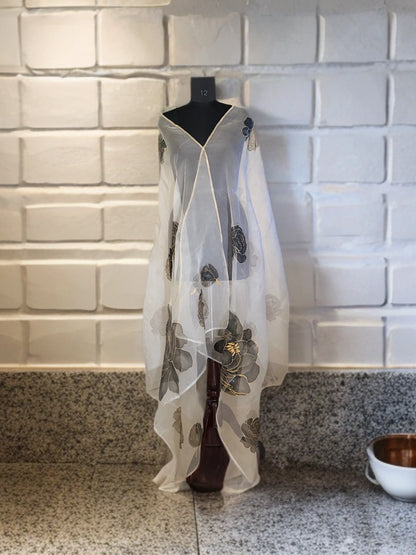 Moonlit Peony – Handpainted Silk Organza Dupatta