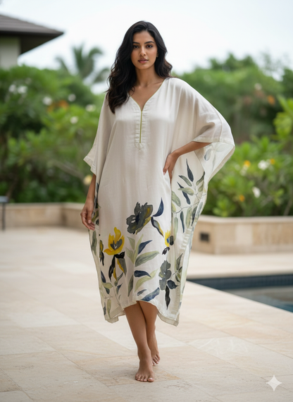 Ivory Botanica – Handpainted Linen Silk Kaftan
