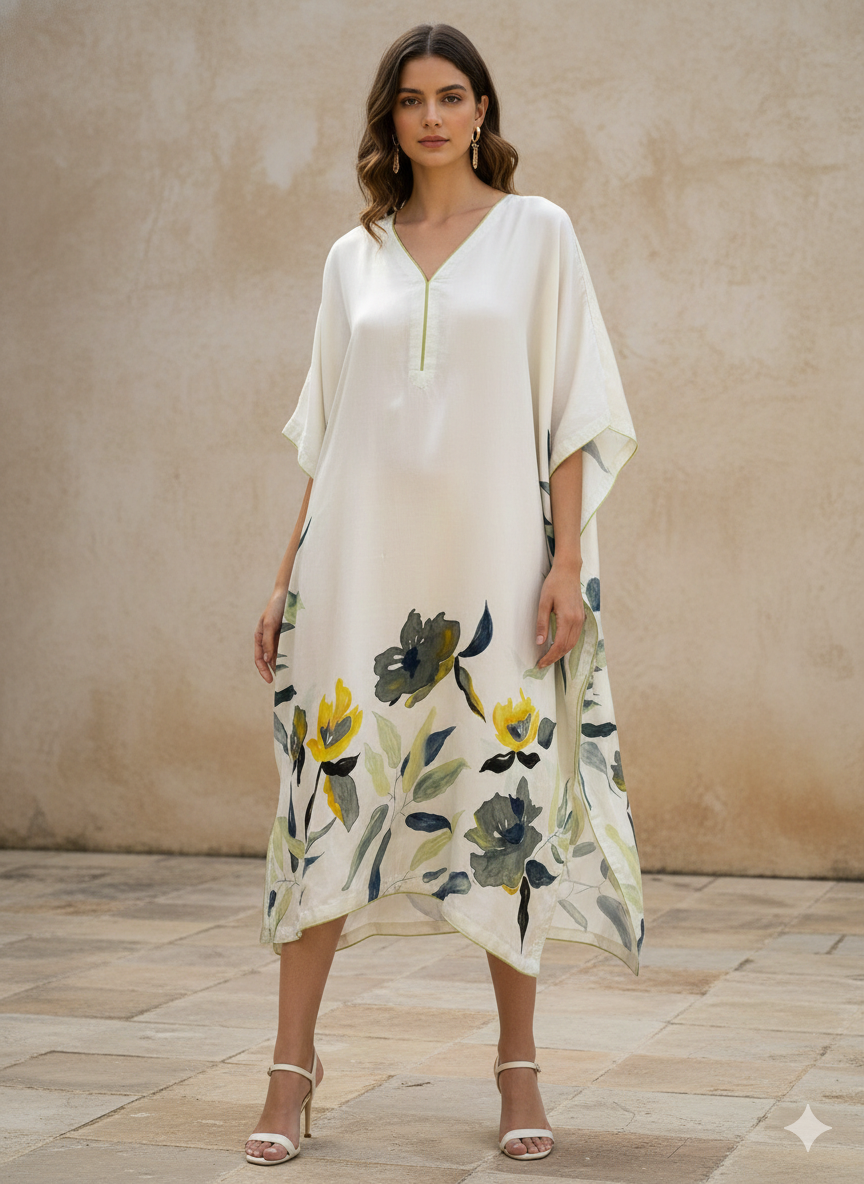 Ivory Botanica – Handpainted Linen Silk Kaftan