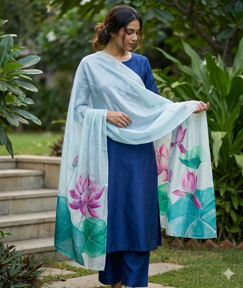 Lotus Reverie – Handpainted Silk Dupatta