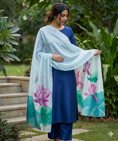 Lotus Reverie – Handpainted Silk Dupatta