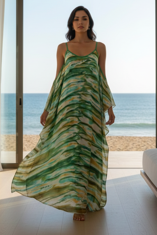Ripples – Handpainted Silk Crepe Beach Kaftan