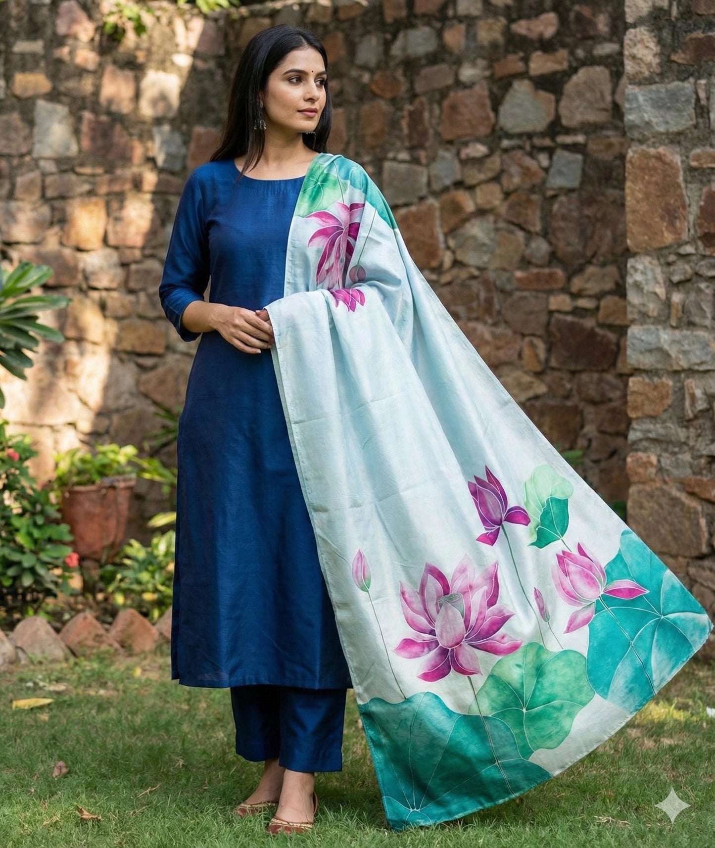 Lotus Reverie – Handpainted Silk Dupatta