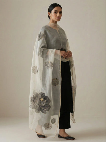 Moonlit Peony – Handpainted Silk Organza Dupatta