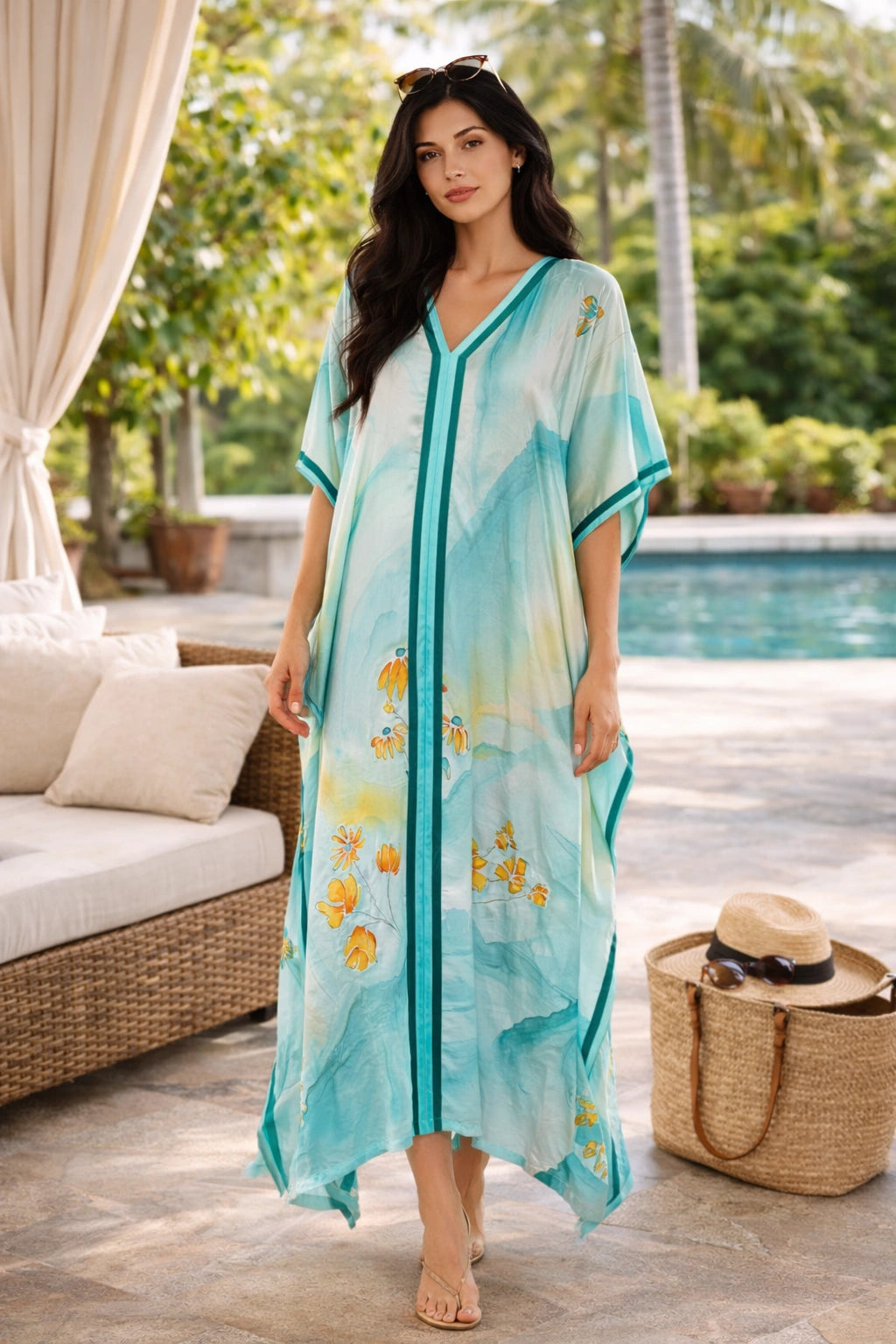 Aqua Drift Silk Kaftan
