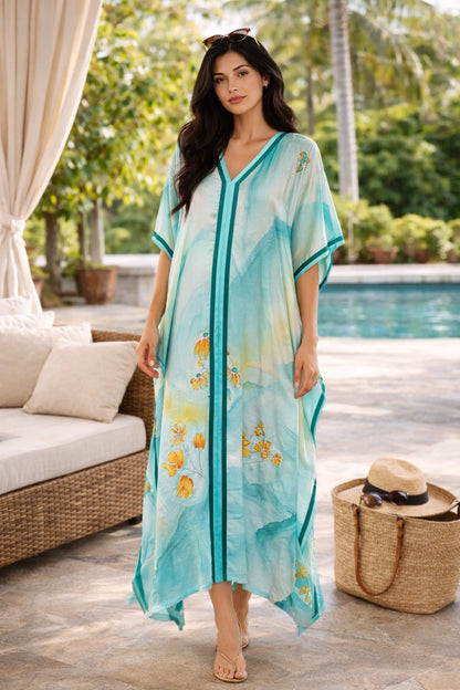 Aqua Drift Silk Kaftan