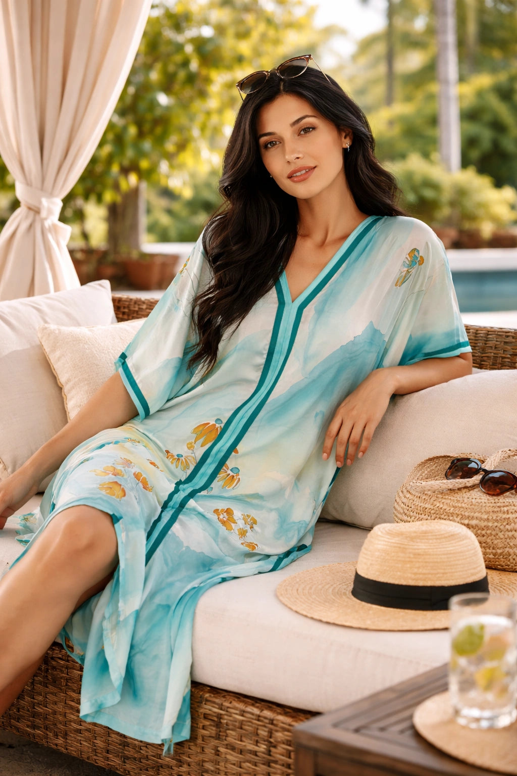 Aqua Drift Silk Kaftan
