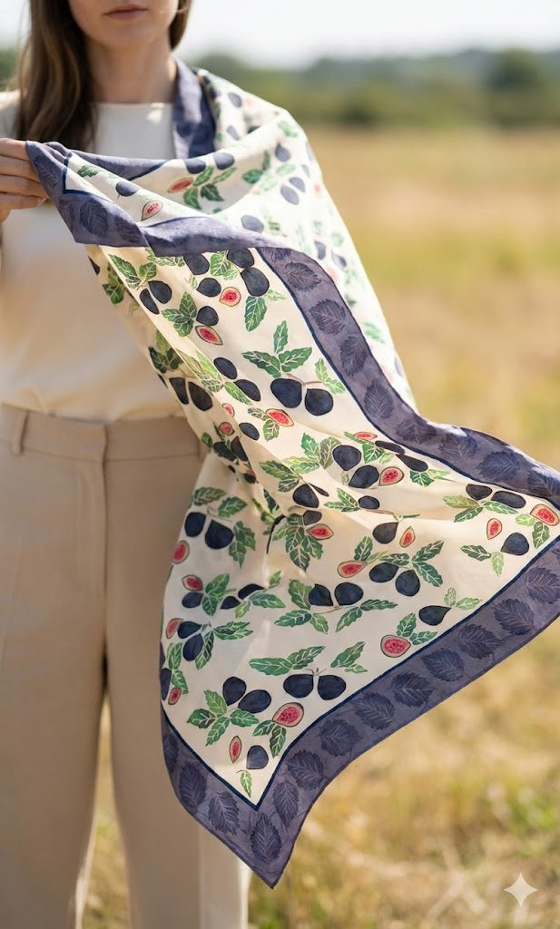 Fig Orchard Handpainted Silk Crepe Scarf
